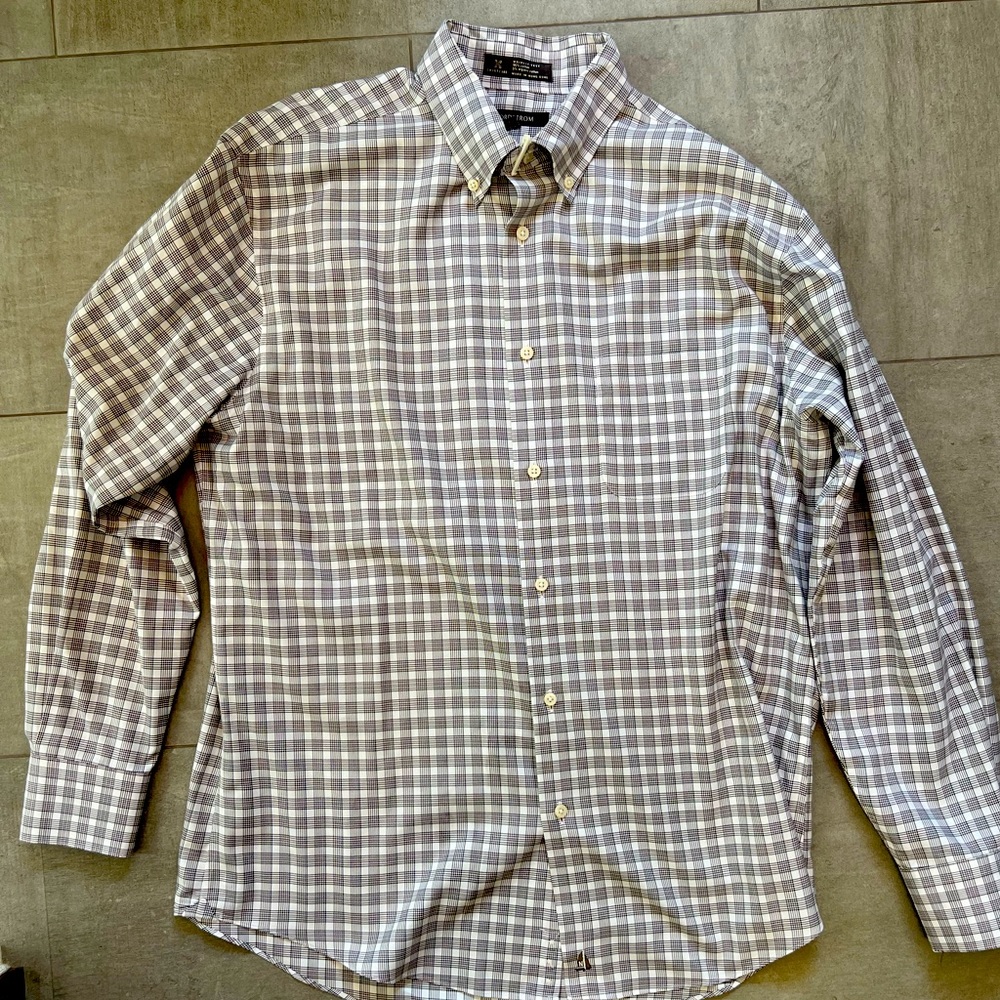 Mens Nordstrom wrinkle-prevent bottom down Oxford cloth shirt:white w brown grid